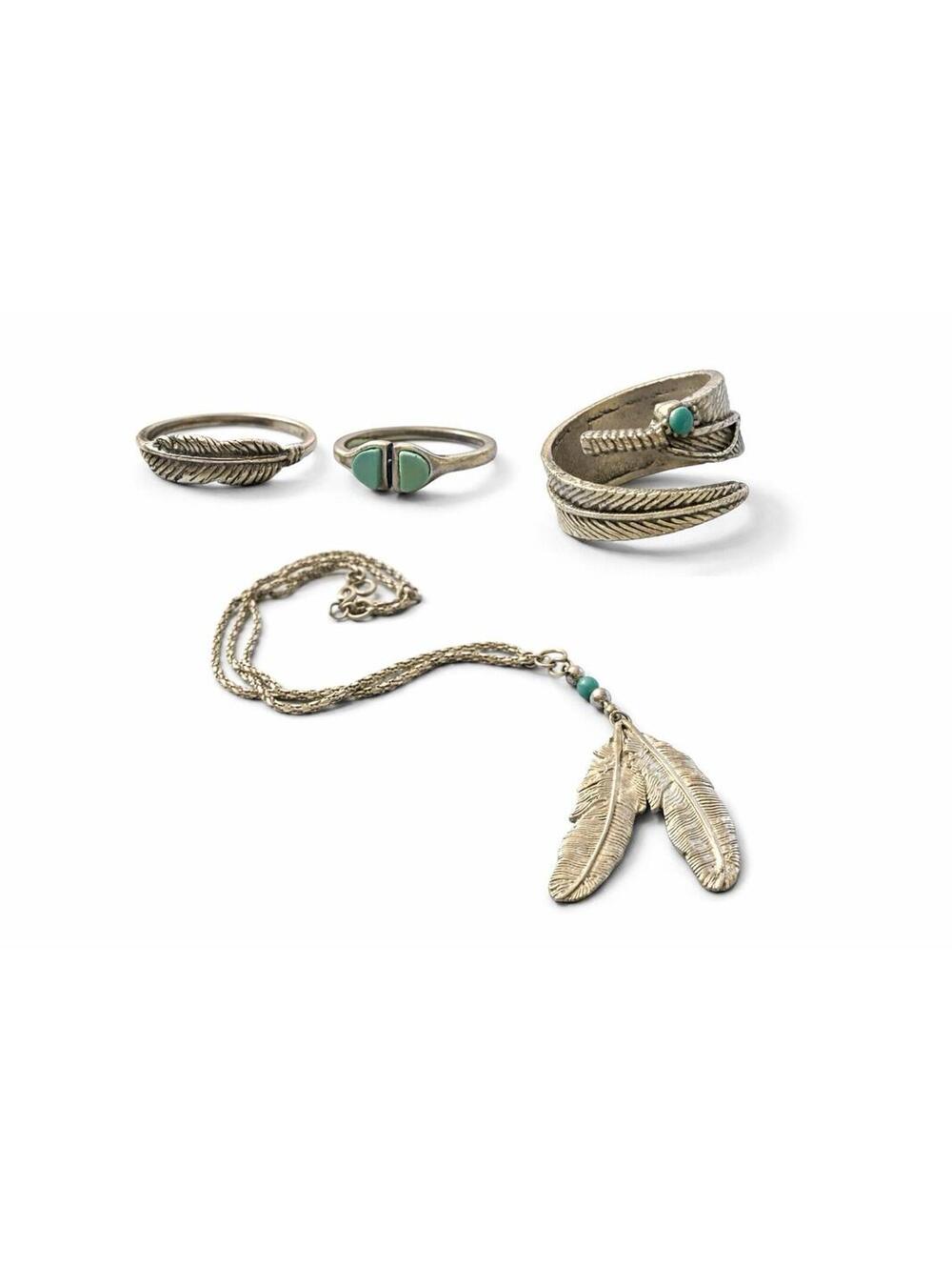 90s Boho Jewelry Set Feather Necklace Turquoise Rings Silver Tone Southwestern